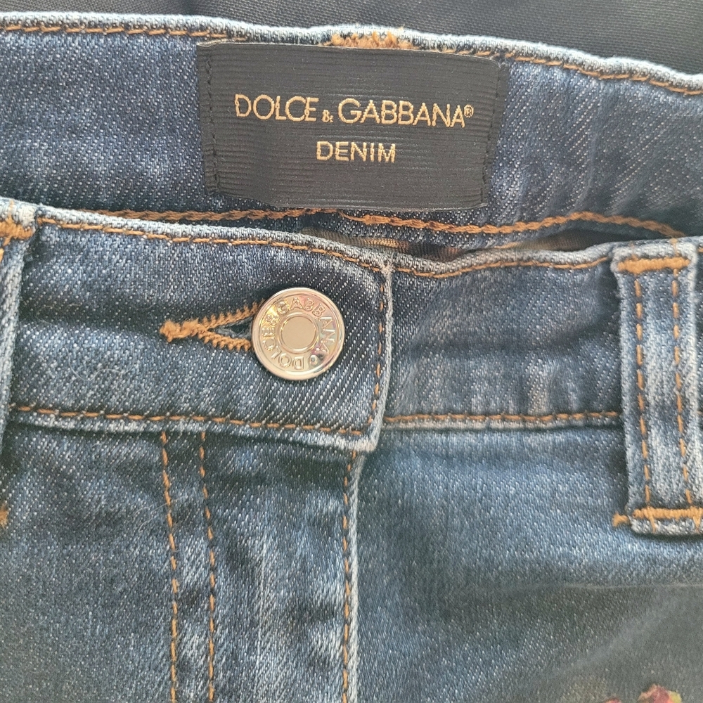 #029 Embroidered Blue Jeans with Red Rose Design - Picture 4 of 5